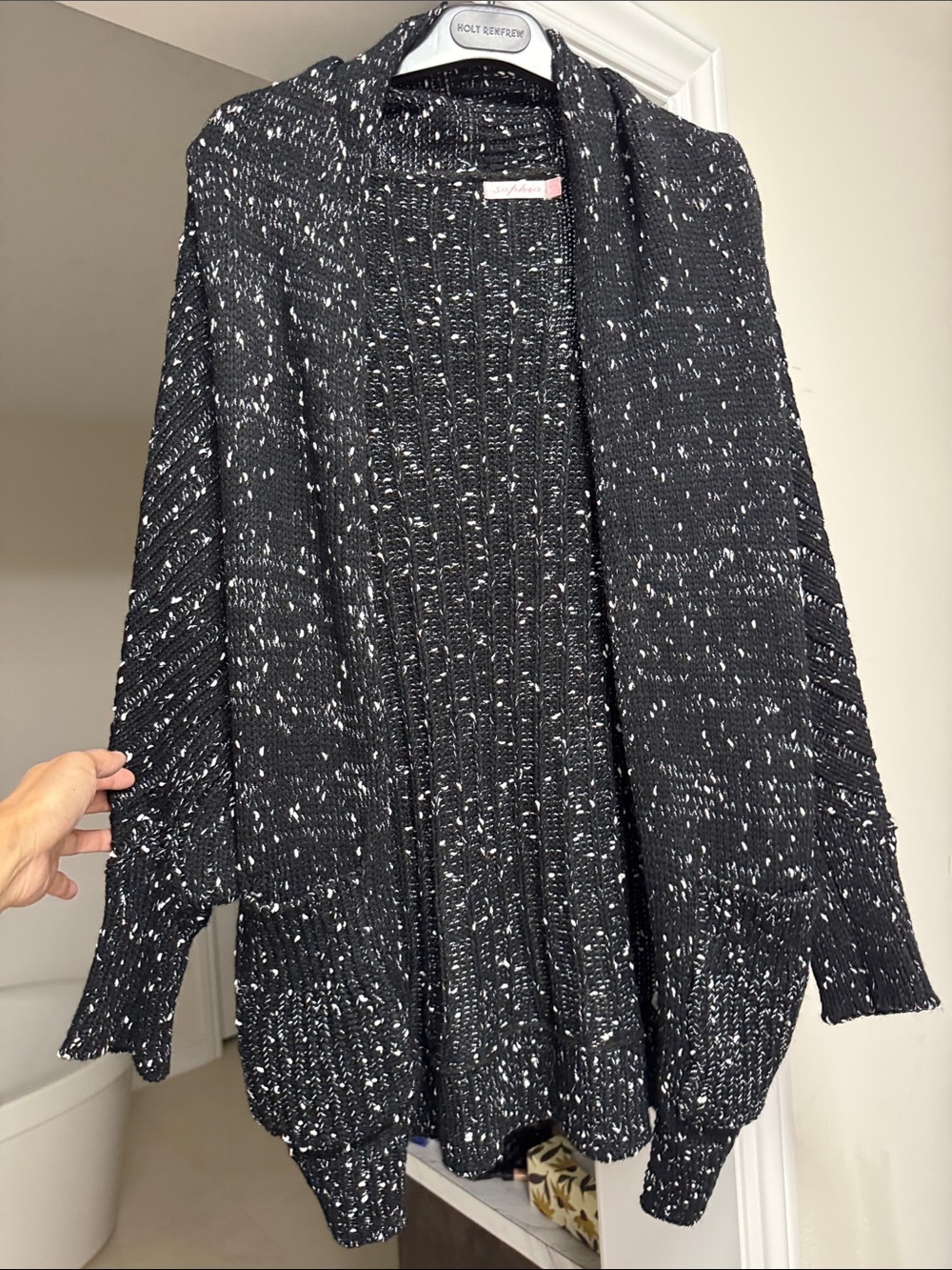 Open-Front Black & White Speckled Cardigan Sweater